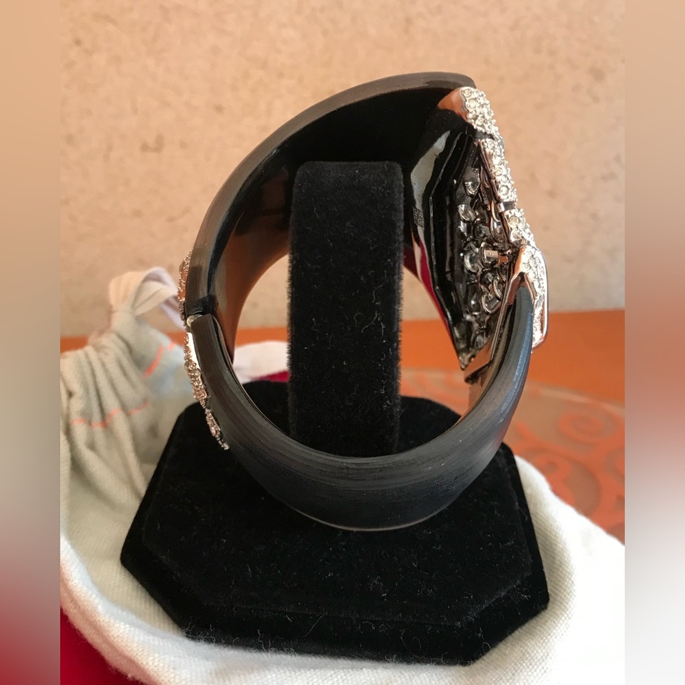 Alexis Bittar Black Lucite Hinged Bracelet with Crystals in Silver Setting. - Picture 6 of 11